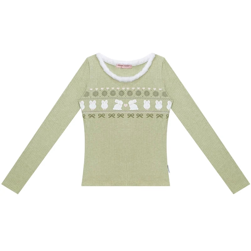 Slim Rabbit Print Knitted Base Shirt