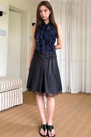 Slim Satin Lace Bow Midi Skirt
