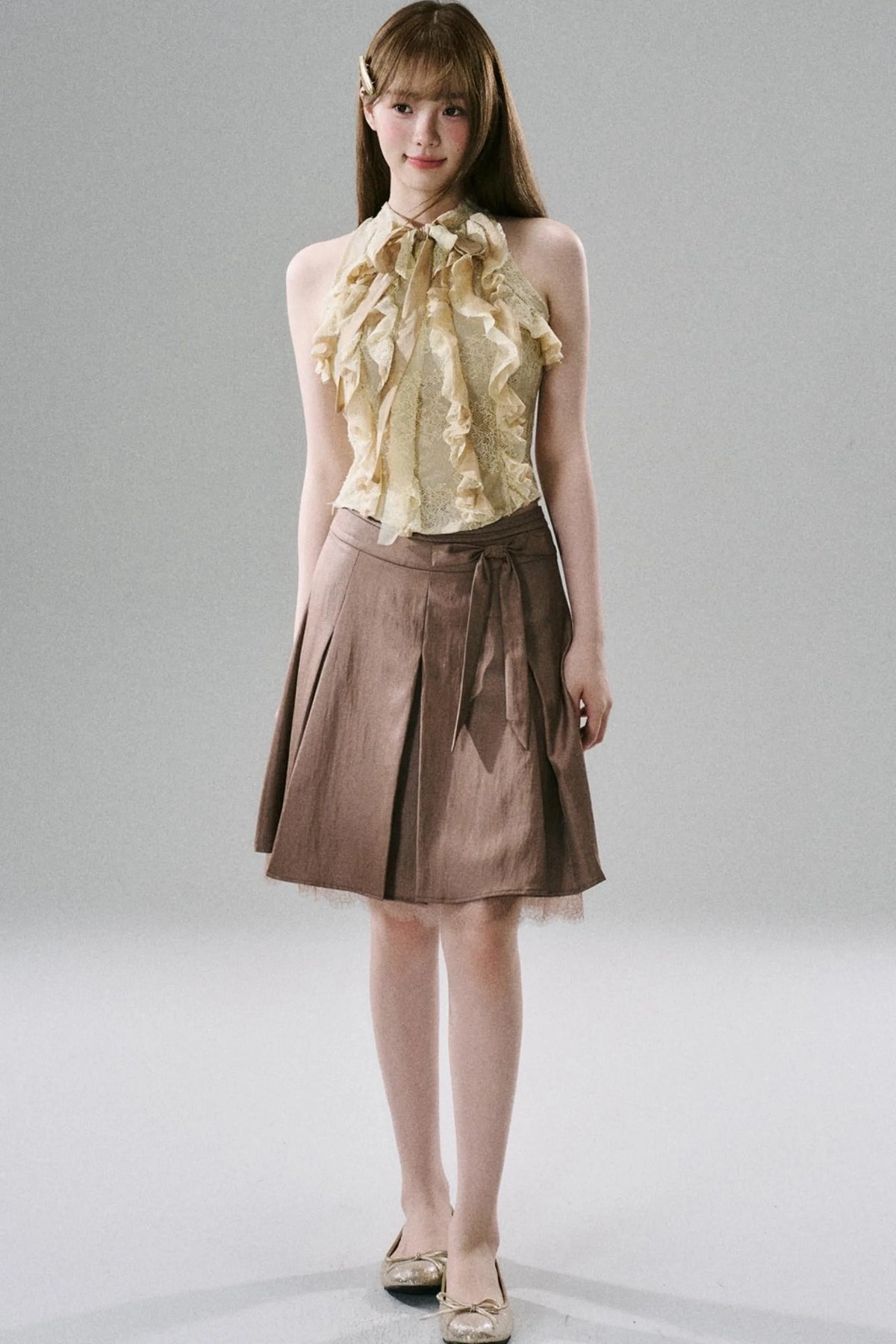 Slim Satin Lace Bow Midi Skirt