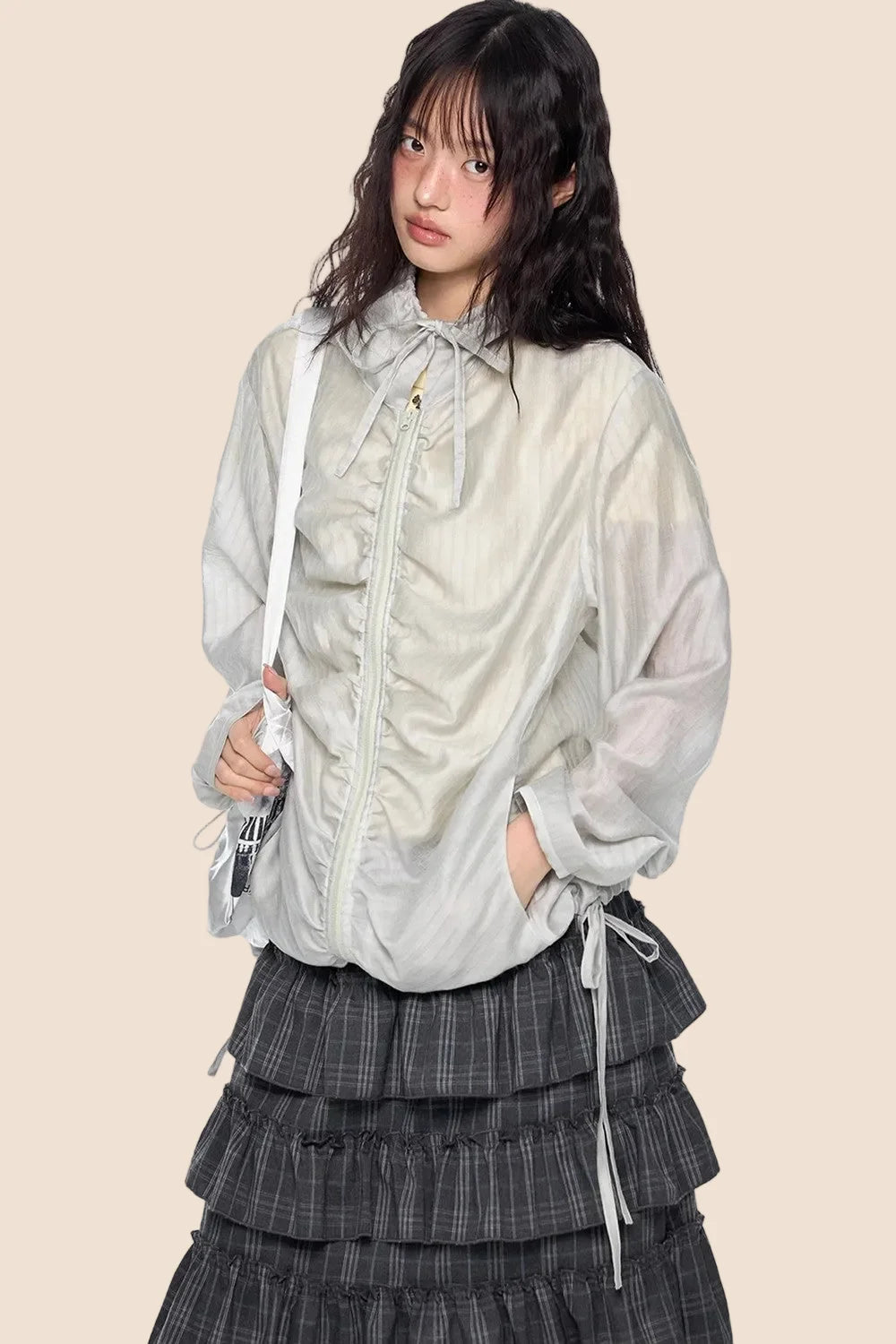 Smocked Lace-Up Plaid Blouse