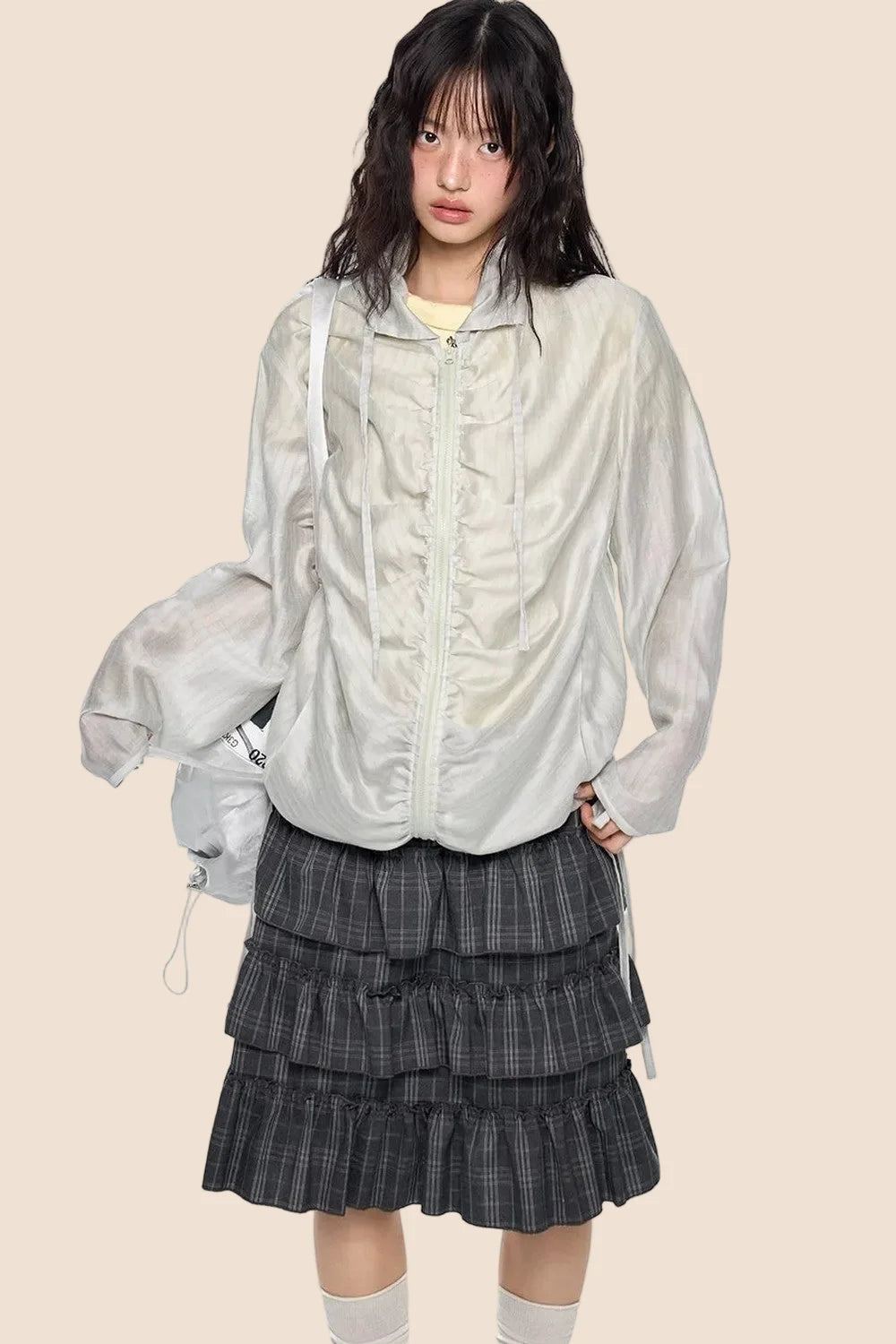 Smocked Lace-Up Plaid Blouse