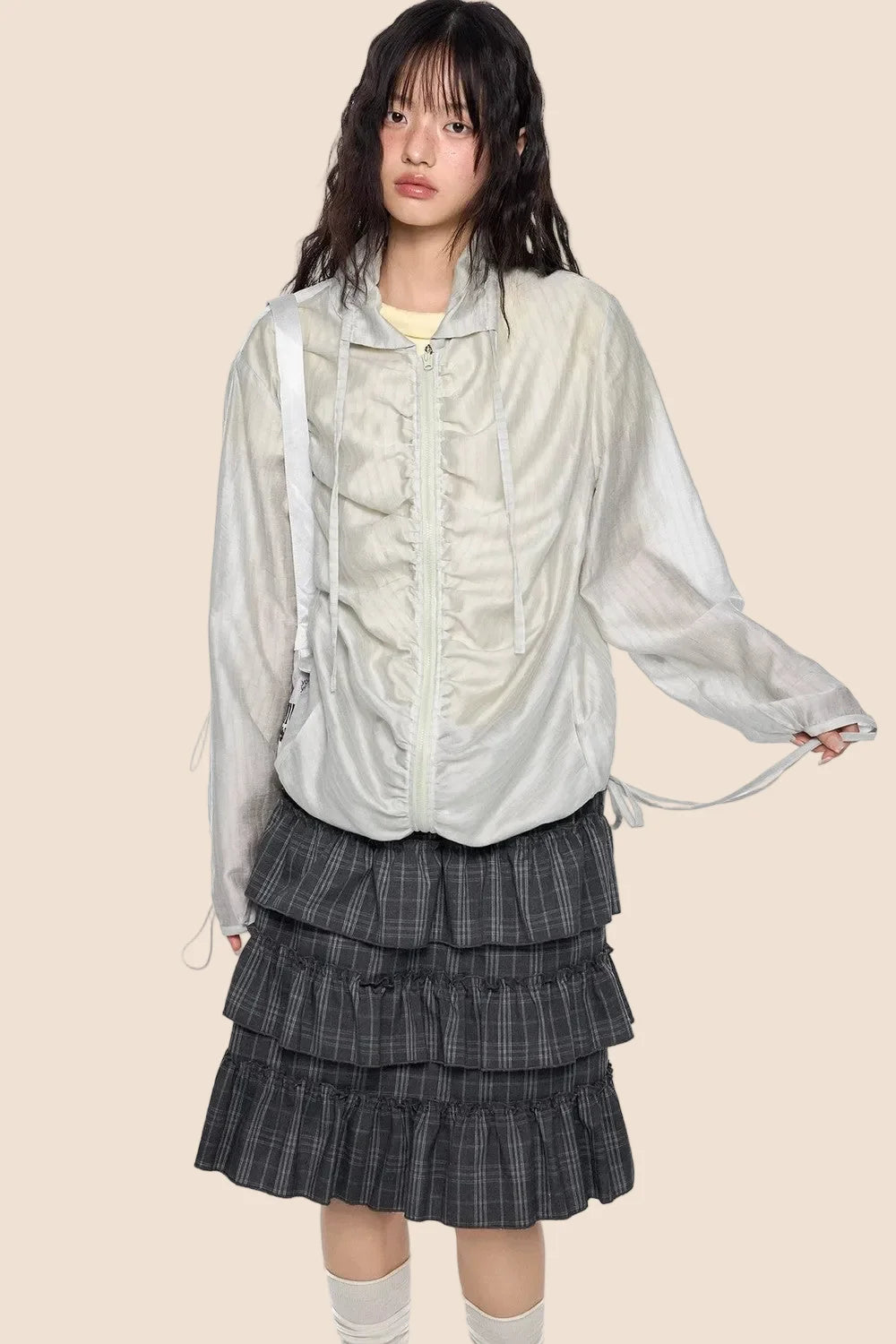 Smocked Lace-Up Plaid Blouse