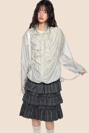 Smocked Lace-Up Plaid Blouse