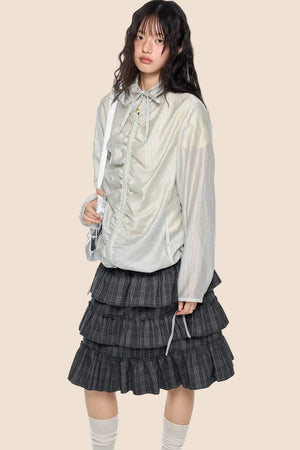 Smocked Lace-Up Plaid Blouse