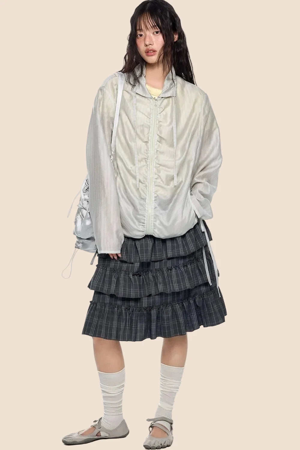 Smocked Lace-Up Plaid Blouse