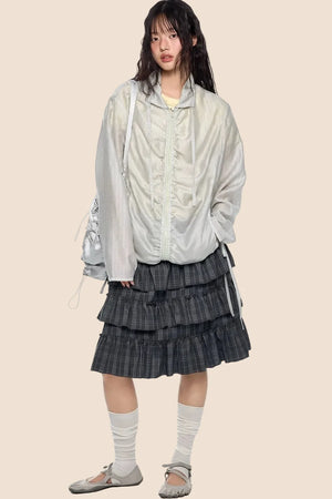 Smocked Lace-Up Plaid Blouse