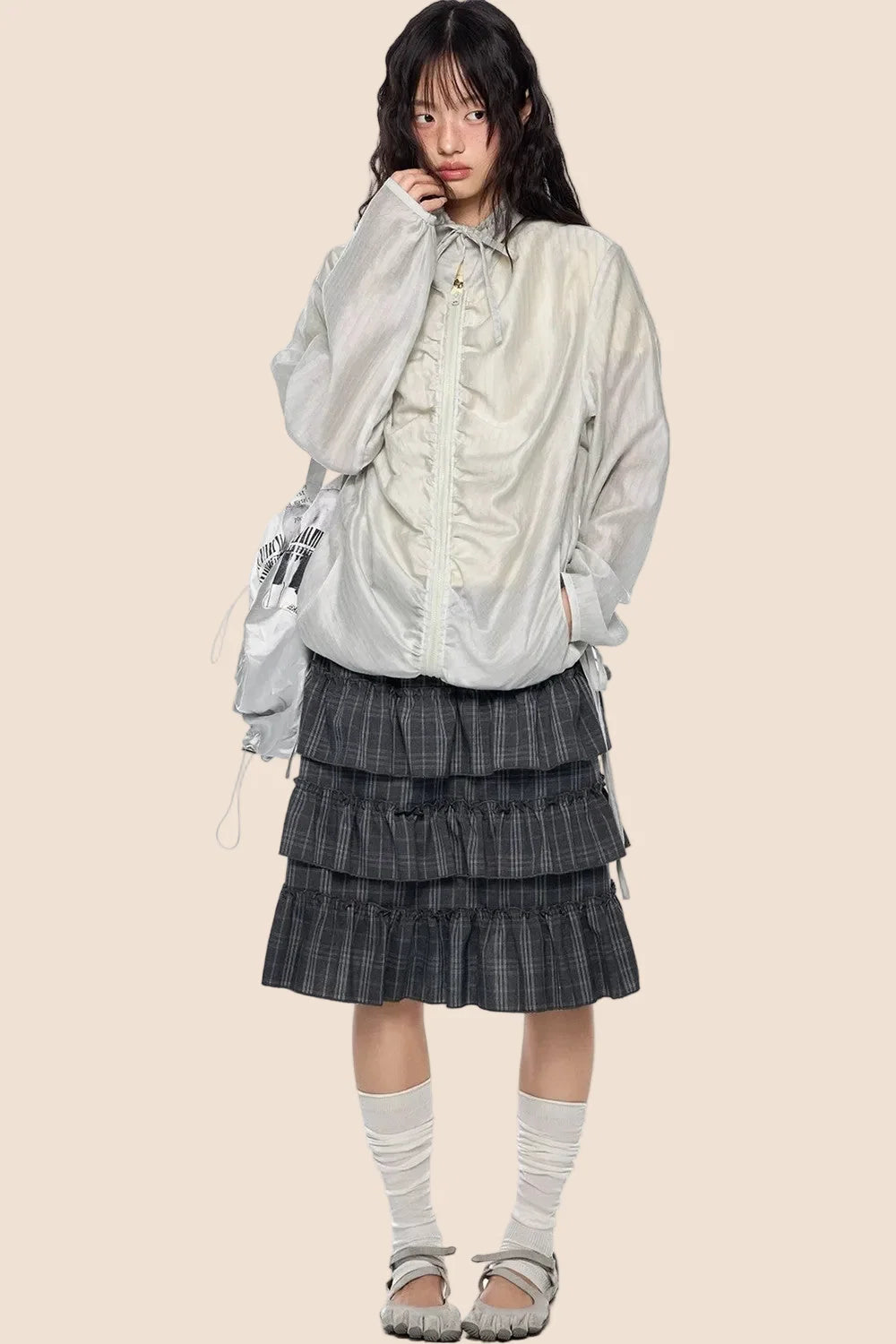 Smocked Lace-Up Plaid Blouse