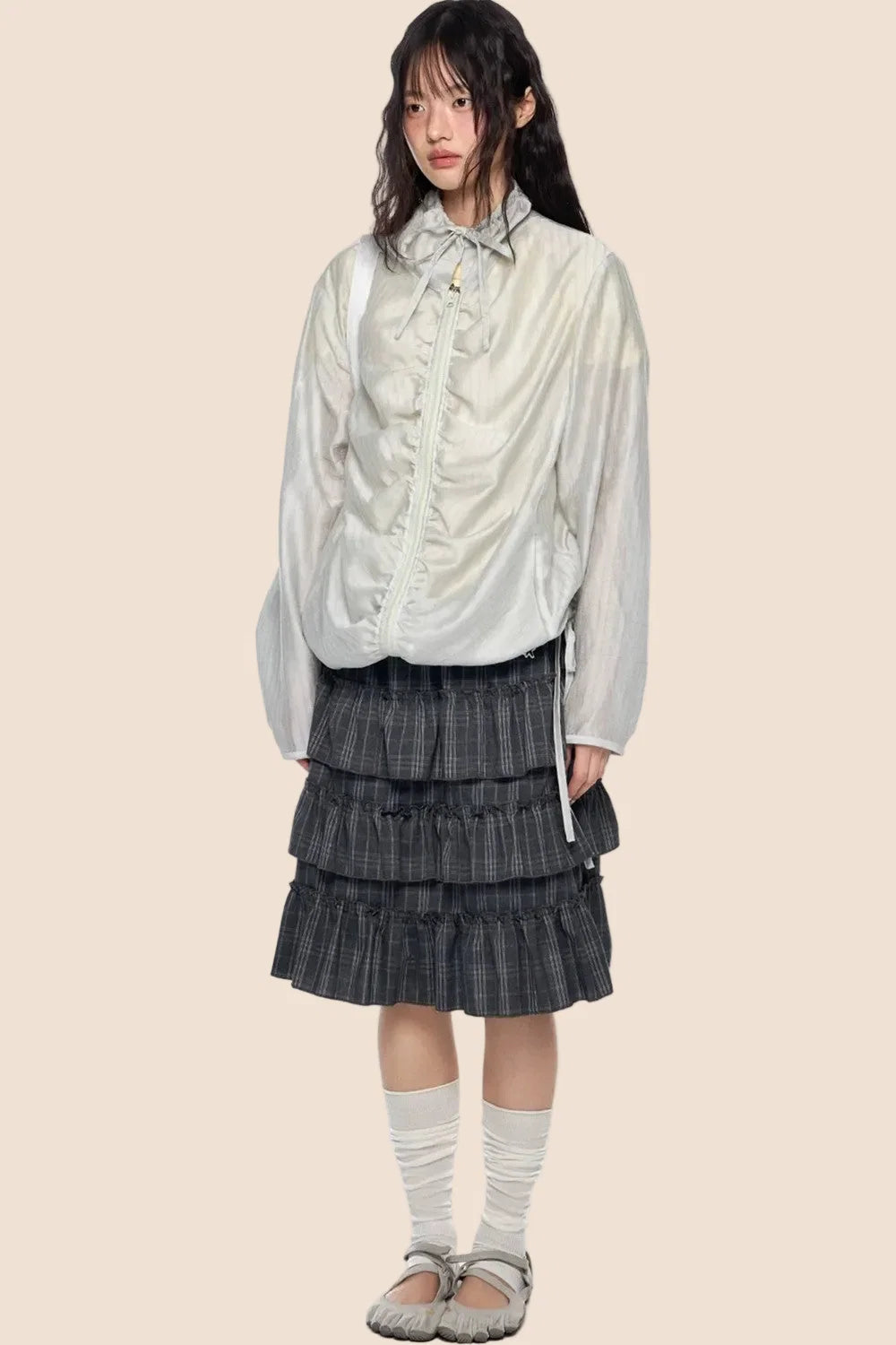 Smocked Lace-Up Plaid Blouse