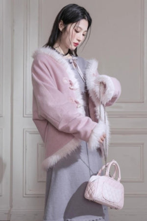 Snow Cherry Fleece Collar Wool Coat