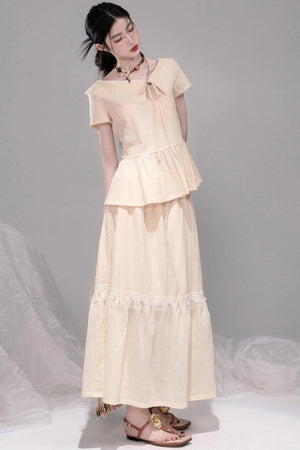 Soft Apricot Wave Layered Skirt Set