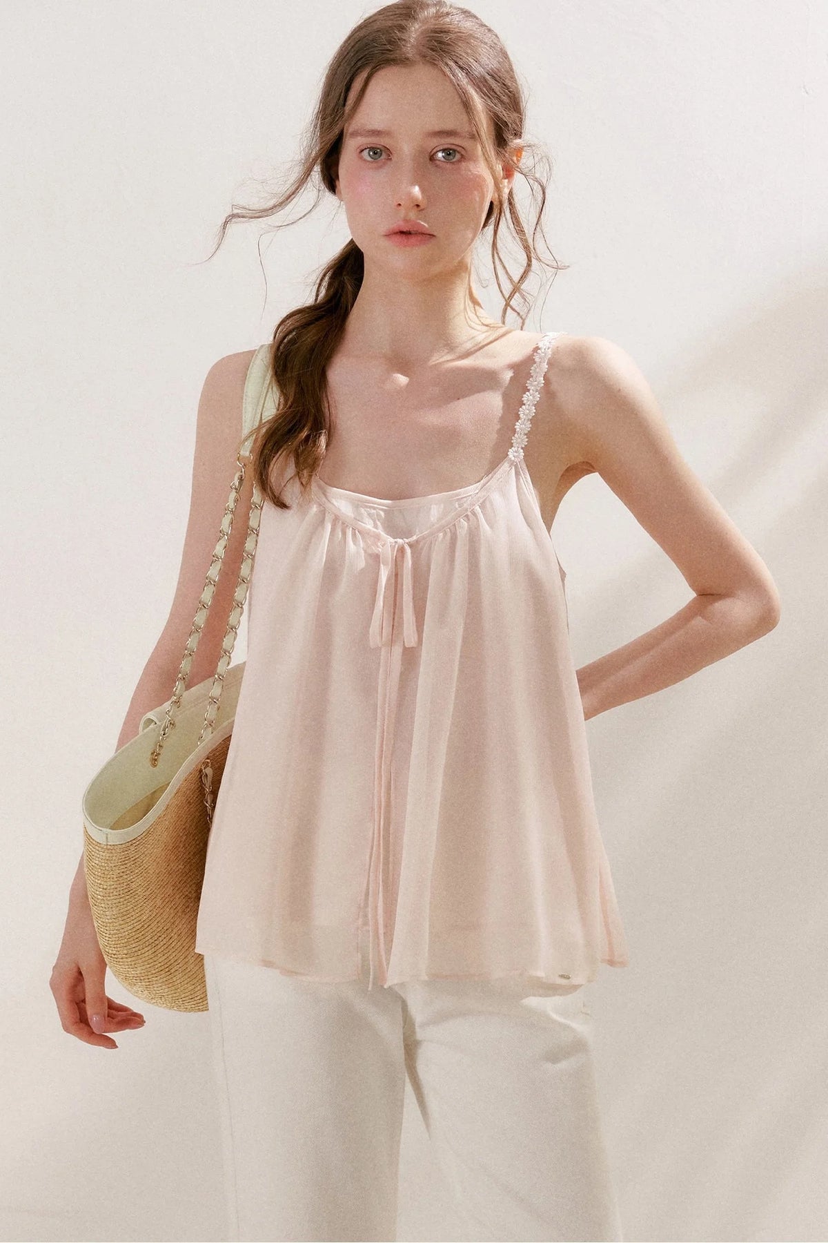 Soft Peach Camisole With Cream Cardigan Set-Up
