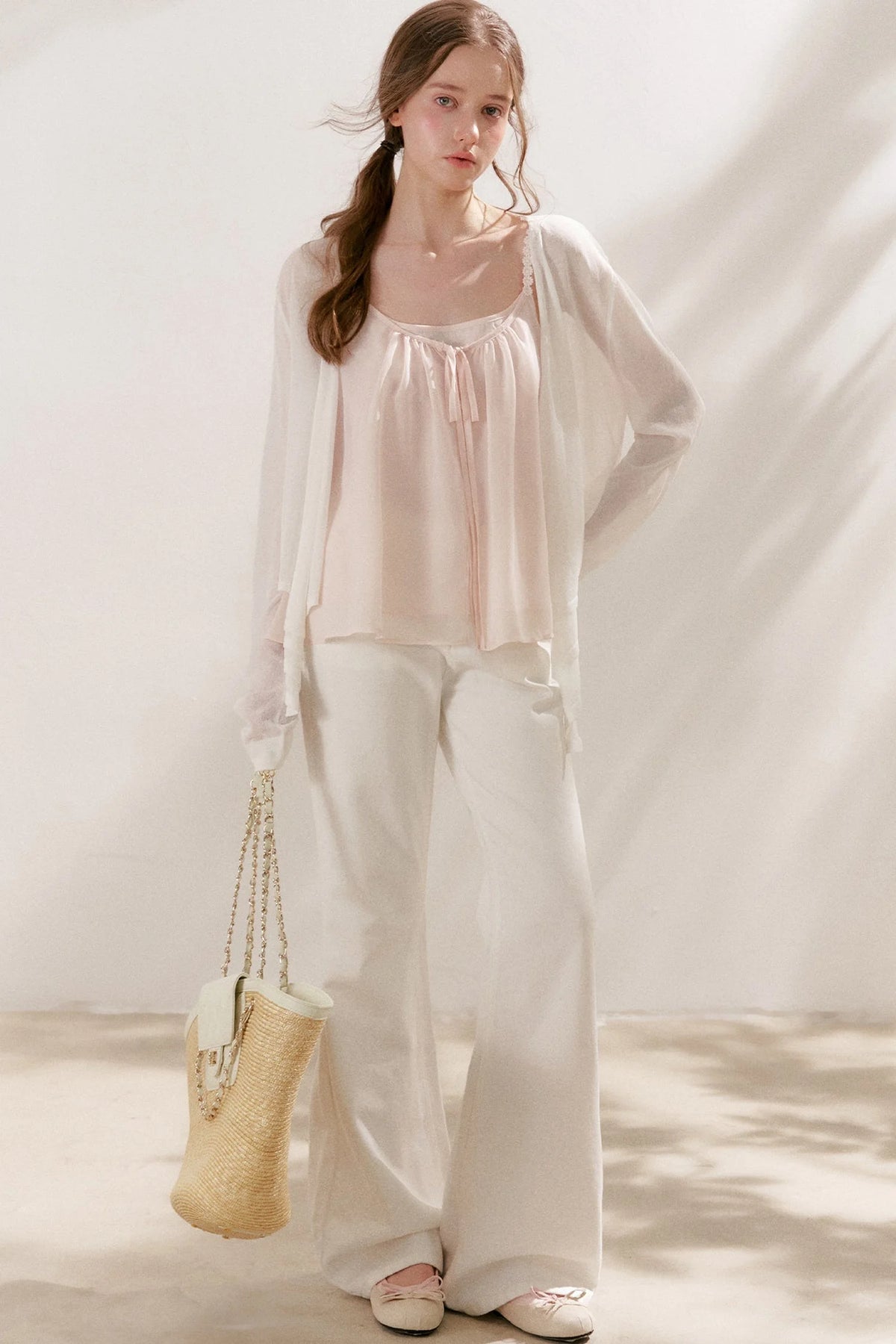 Soft Peach Camisole With Cream Cardigan Set-Up