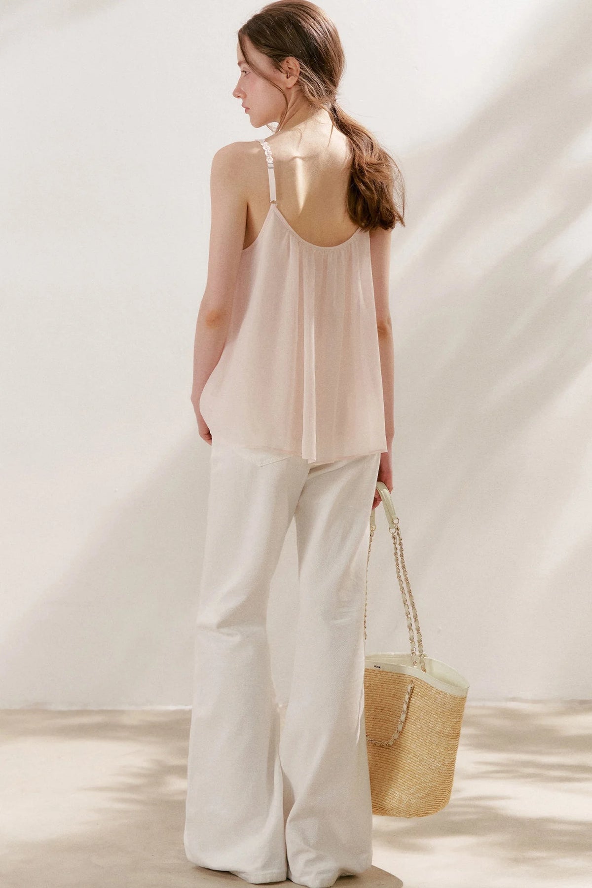 Soft Peach Camisole With Cream Cardigan Set-Up