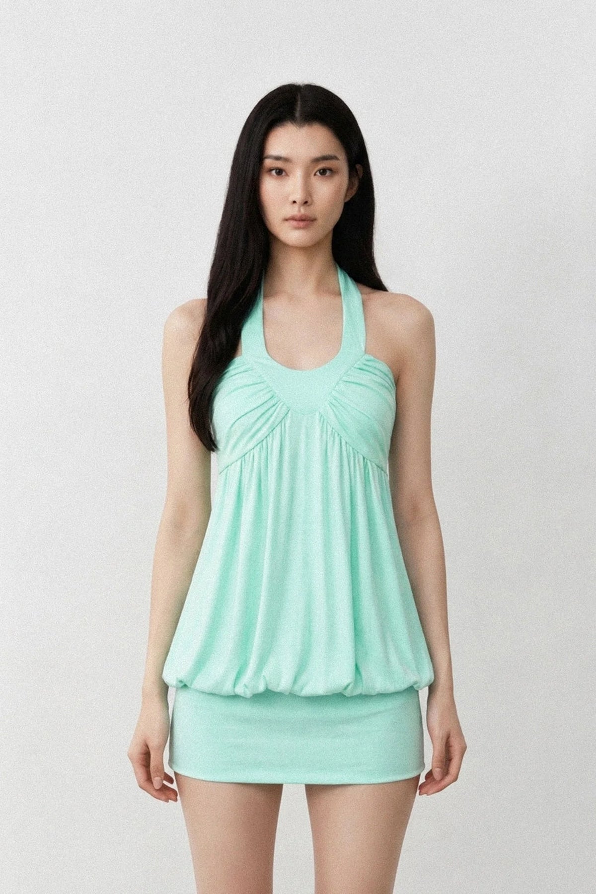 Solid Color Halter V-Neck Backless Ruched Dress