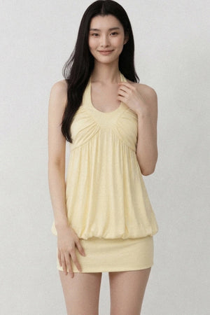 Solid Color Halter V-Neck Backless Ruched Dress