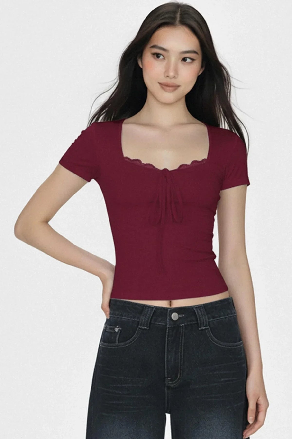 Solid Lace Trim Crop Top