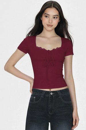 Solid Lace Trim Crop Top