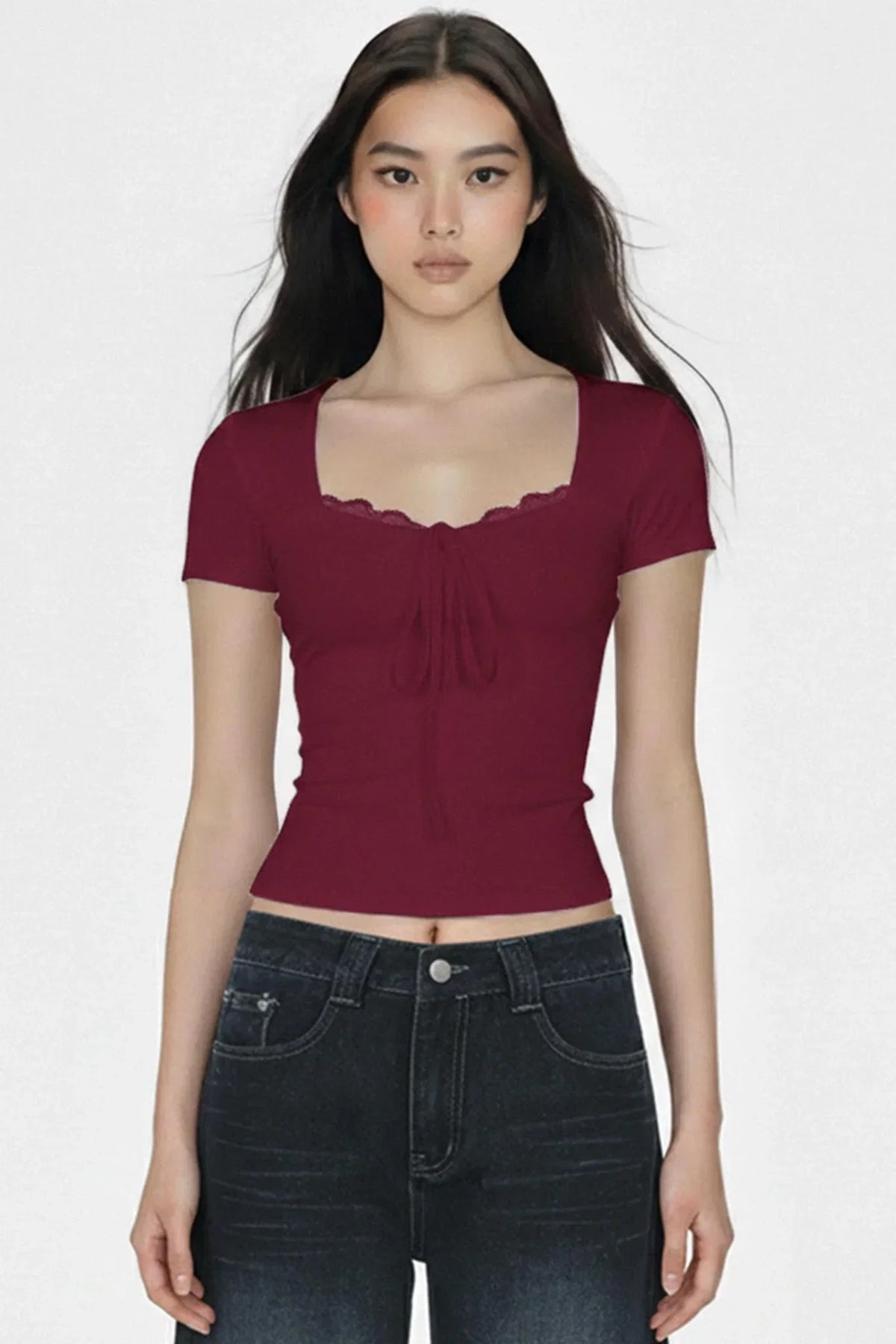 Solid Lace Trim Crop Top
