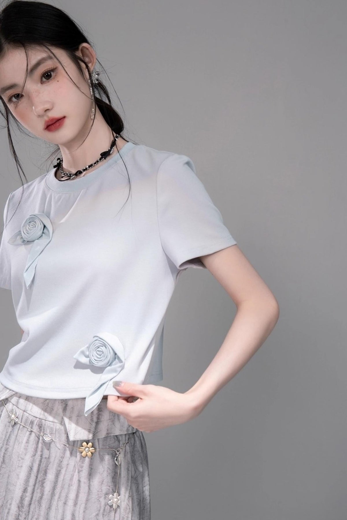 Sophisticated Ice Blue Brown Rose T-Shirt