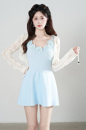 Spaghetti Strap Knitted Dress With Cardigan Set-Up