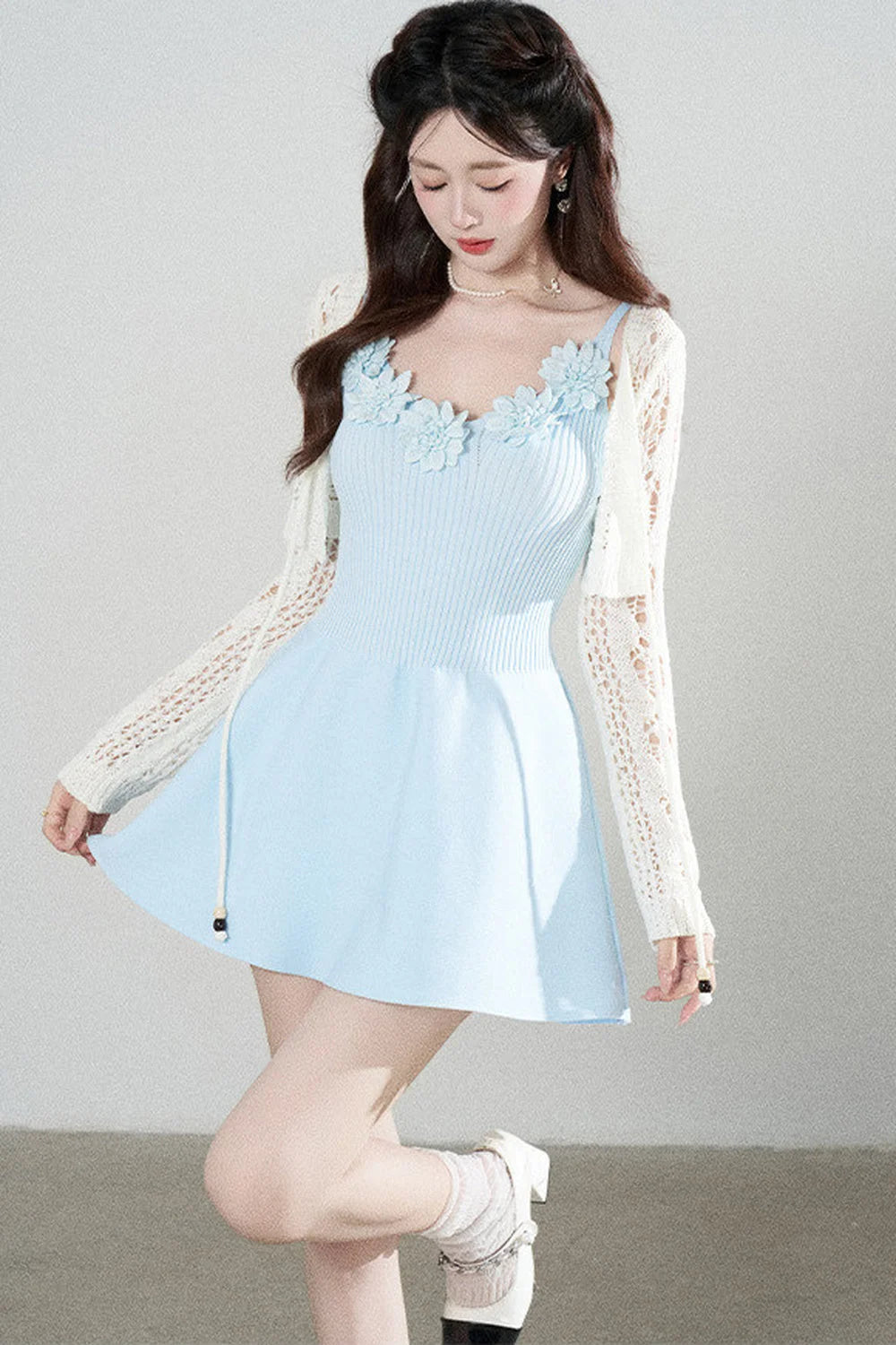 Spaghetti Strap Knitted Dress With Cardigan Set-Up