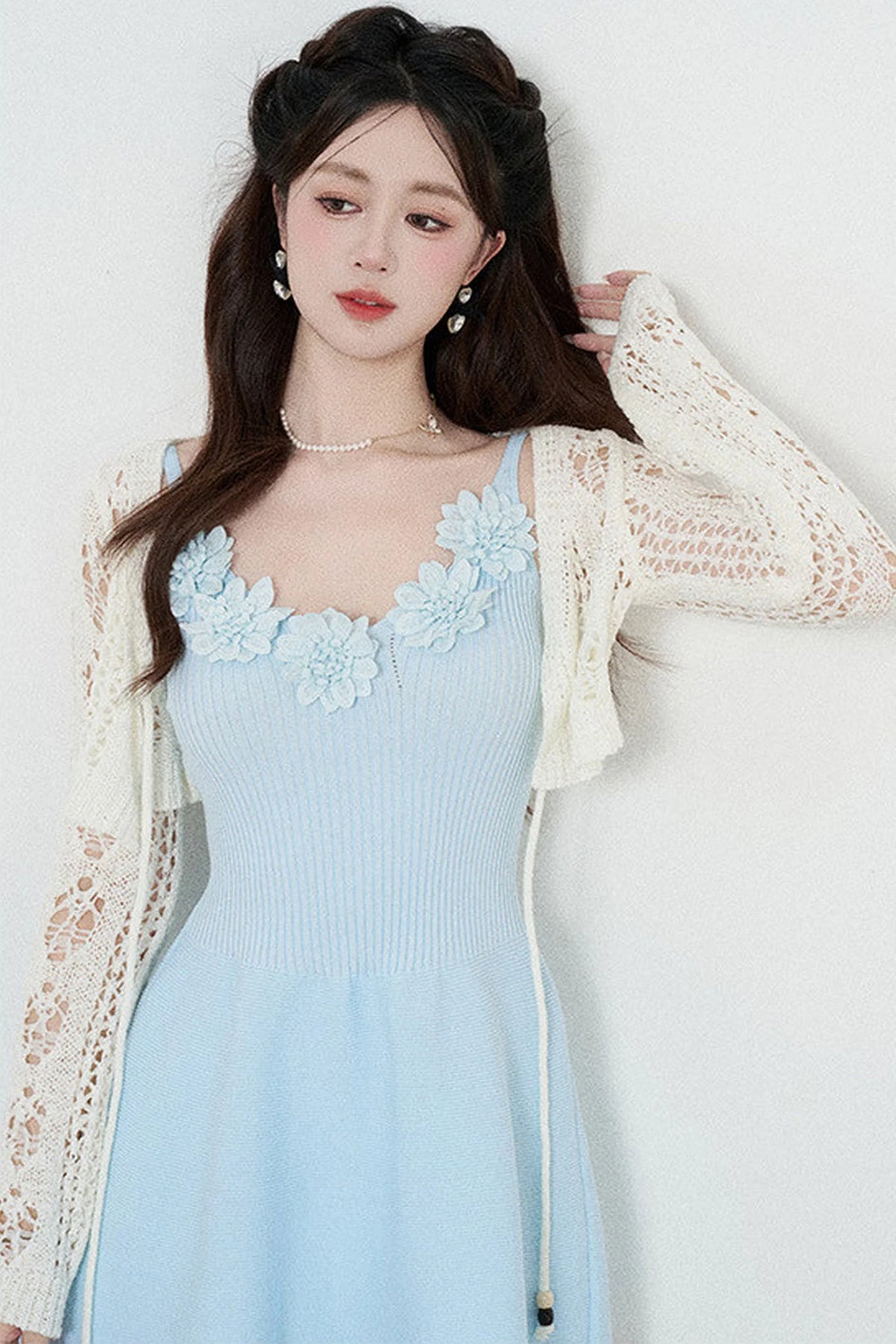 Spaghetti Strap Knitted Dress With Cardigan Set-Up