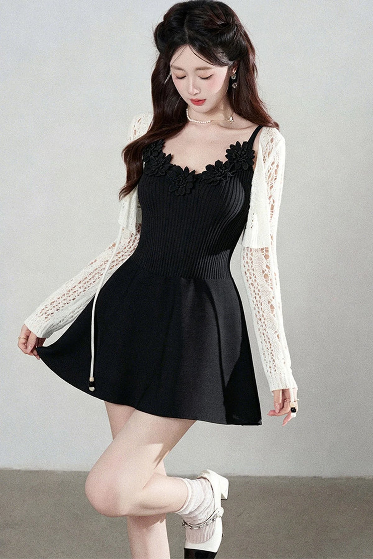 Spaghetti Strap Knitted Dress With Cardigan Set-Up