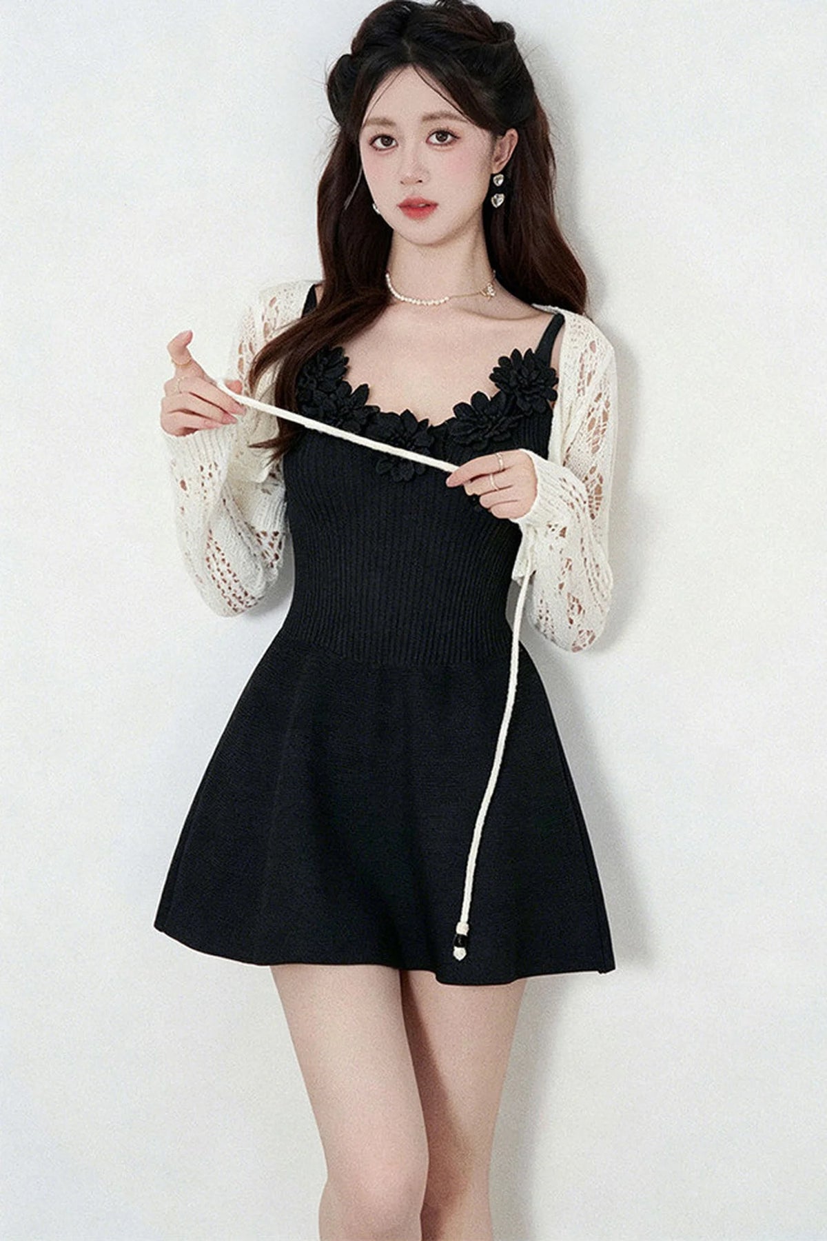 Spaghetti Strap Knitted Dress With Cardigan Set-Up