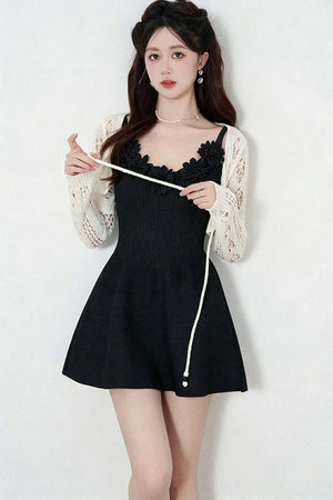 Spaghetti Strap Knitted Dress With Cardigan Set-Up