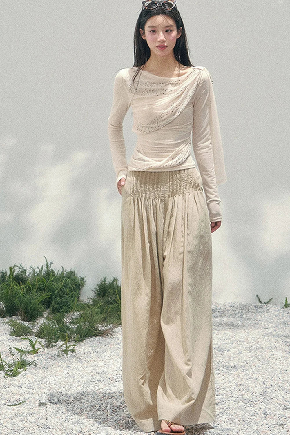 Sparkling Sleeveless Waist-Cinching Top Set-Up