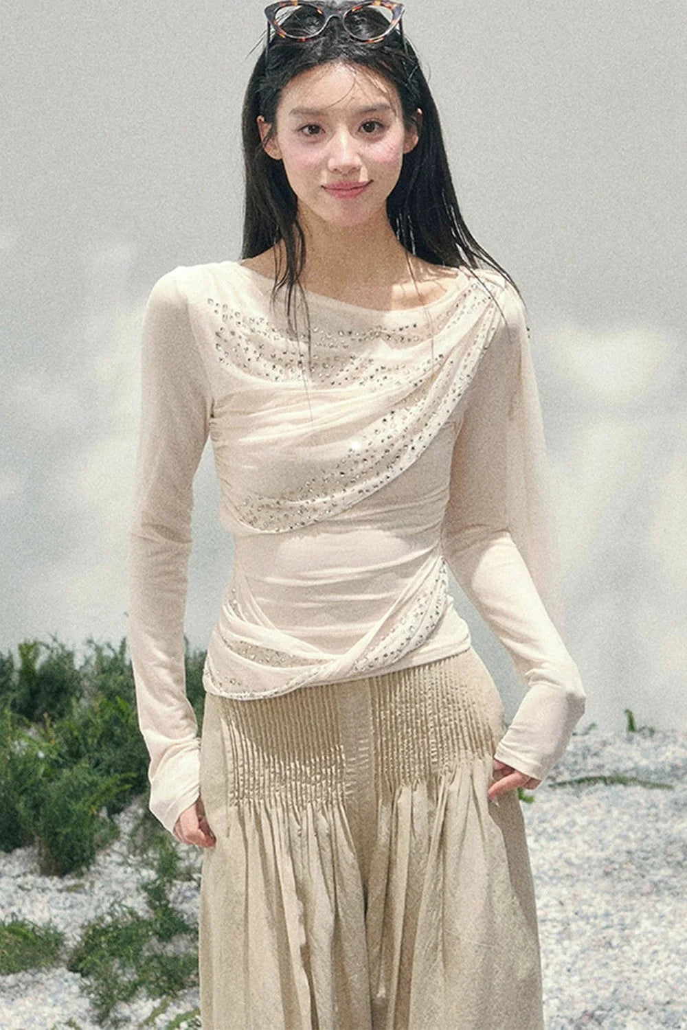 Sparkling Sleeveless Waist-Cinching Top Set-Up