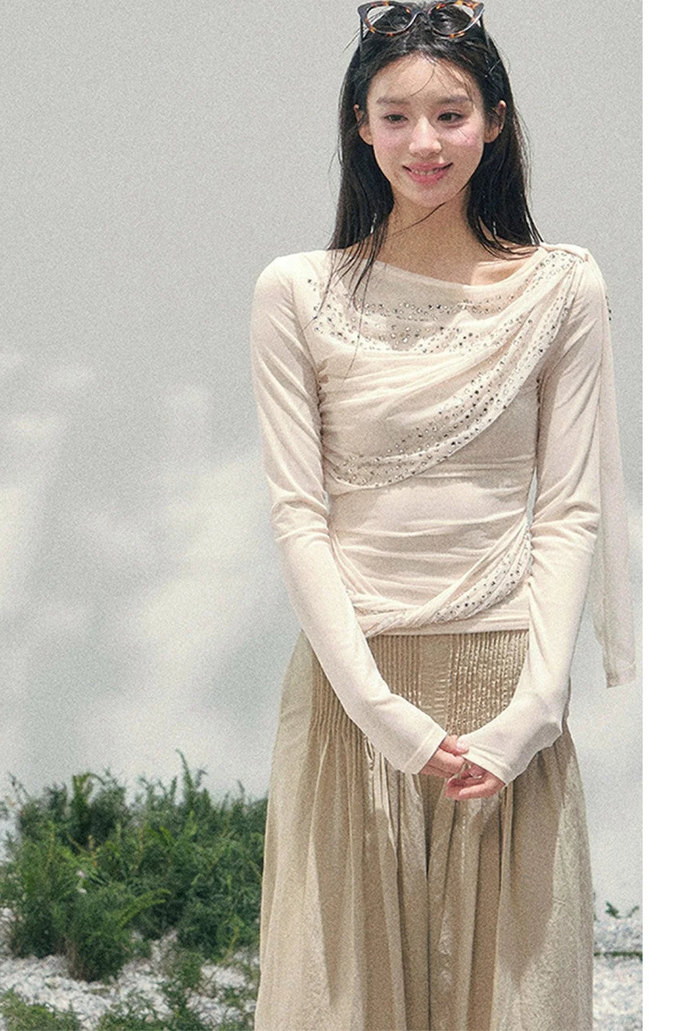 Sparkling Sleeveless Waist-Cinching Top Set-Up