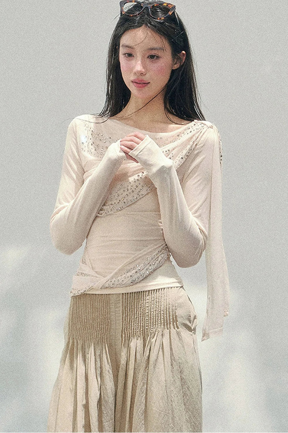 Sparkling Sleeveless Waist-Cinching Top Set-Up
