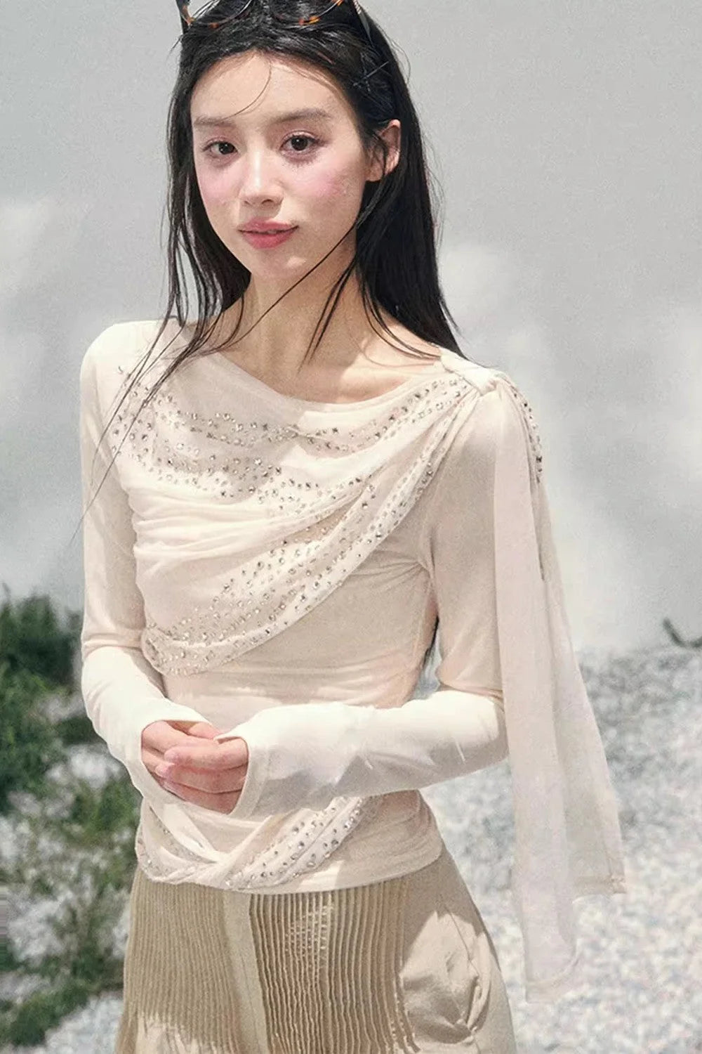 Sparkling Sleeveless Waist-Cinching Top Set-Up