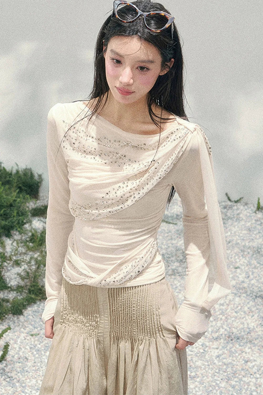 Sparkling Sleeveless Waist-Cinching Top Set-Up