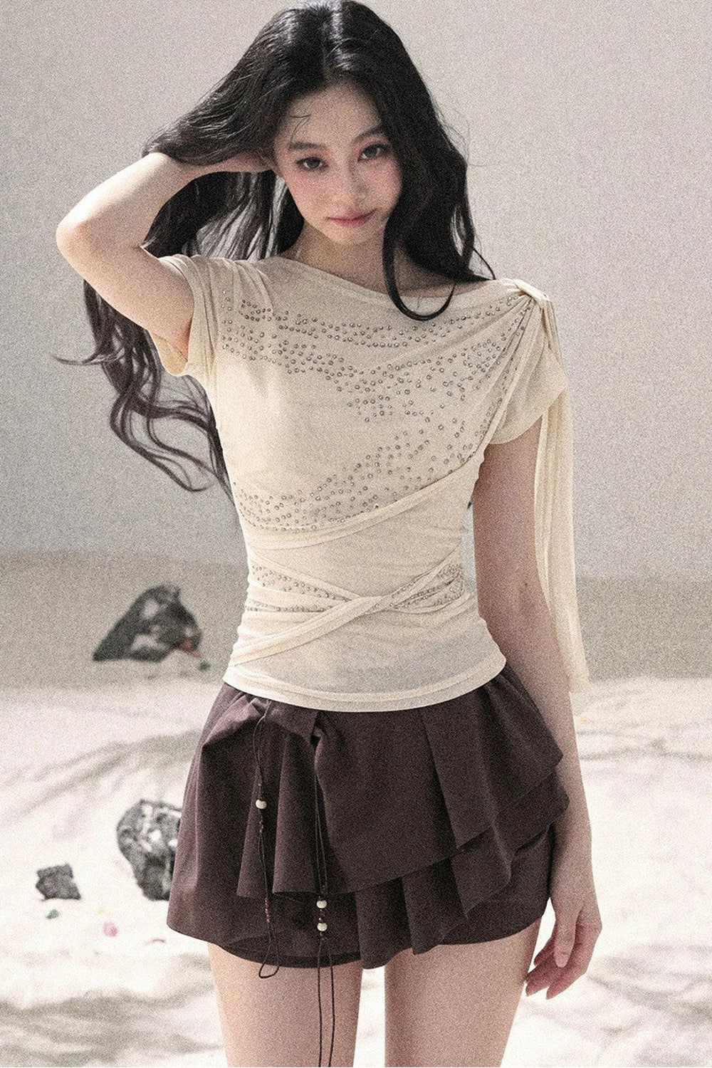 Sparkling Sleeveless Waist-Cinching Top Set-Up