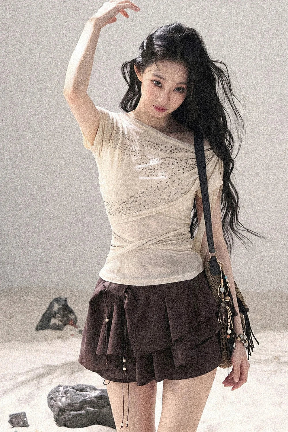 Sparkling Sleeveless Waist-Cinching Top Set-Up