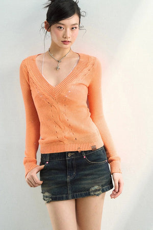 Sparkling Yarn V-Neck Knit Sweater Set-Up