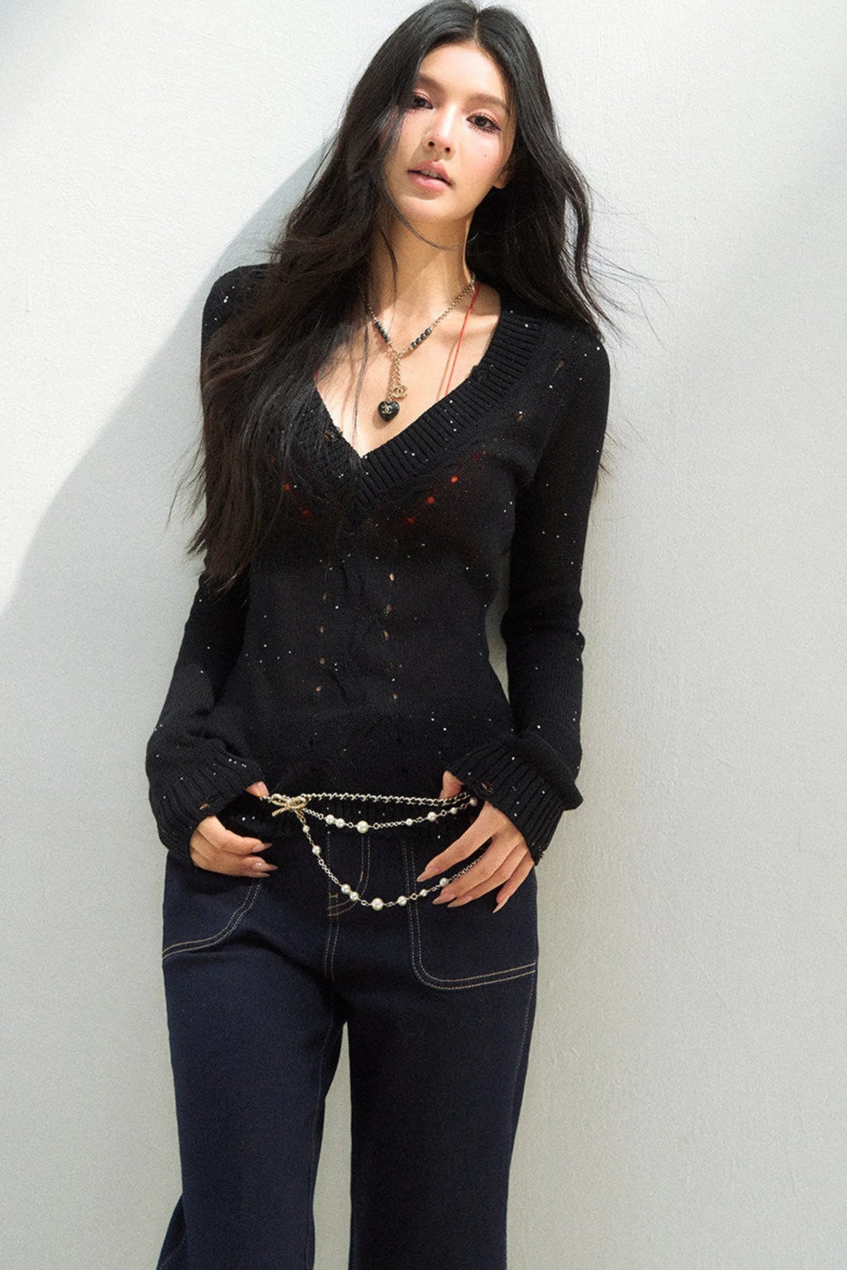 Sparkling Yarn V-Neck Knit Sweater Set-Up