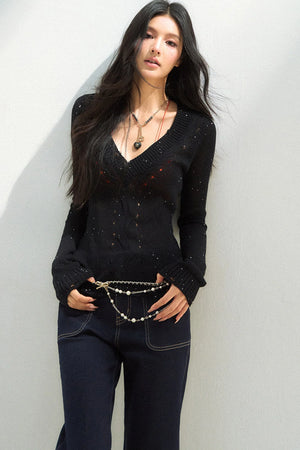 Sparkling Yarn V-Neck Knit Sweater Set-Up