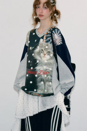 Spliced Cat Print Polka Dot V-Neck Sweatshirt