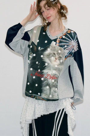 Spliced Cat Print Polka Dot V-Neck Sweatshirt