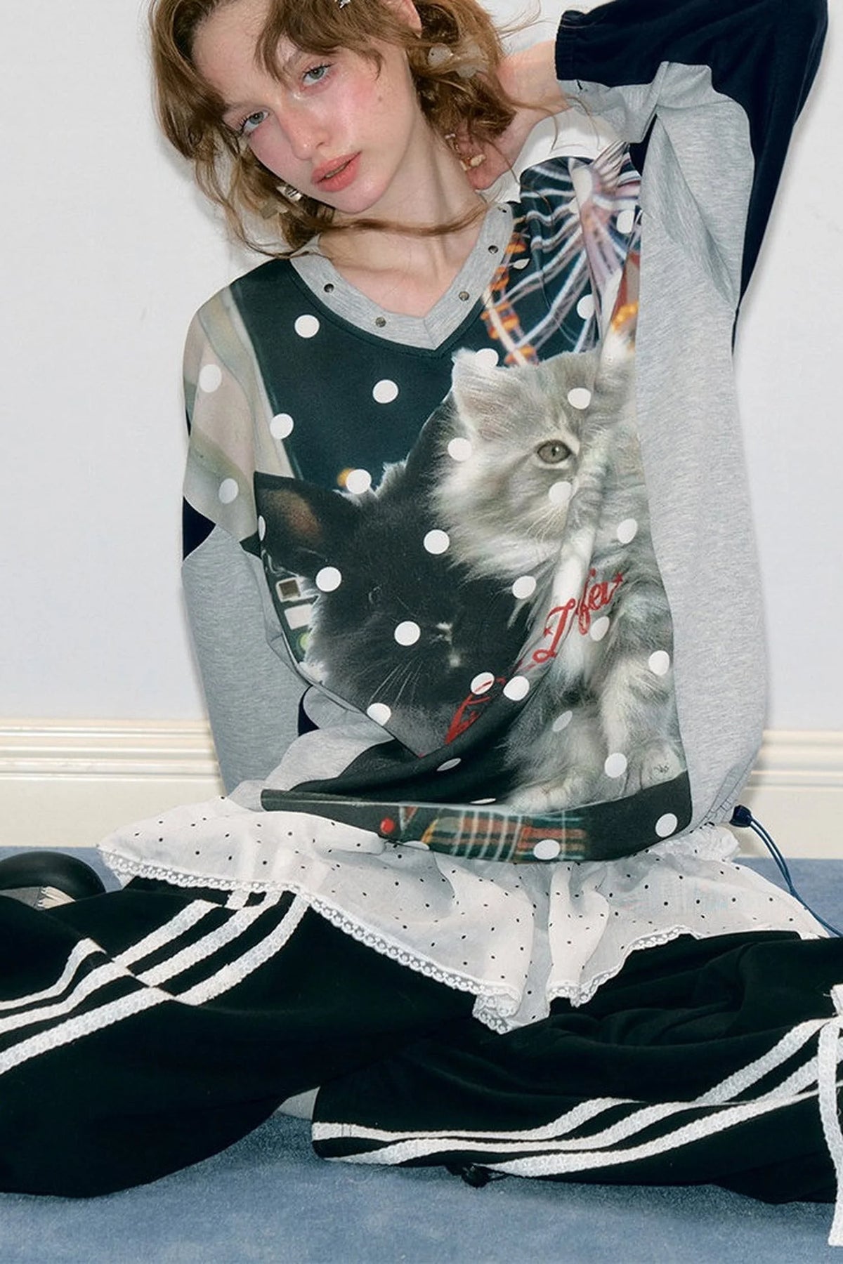 Spliced Cat Print Polka Dot V-Neck Sweatshirt