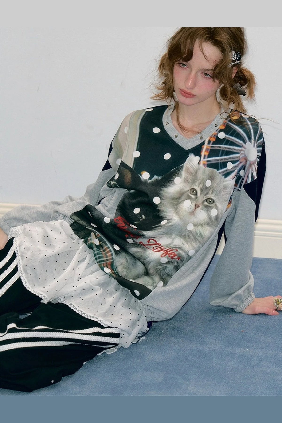 Spliced Cat Print Polka Dot V-Neck Sweatshirt