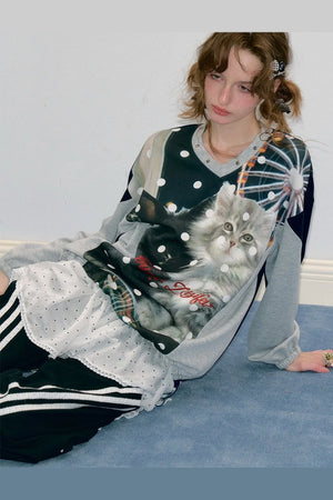 Spliced Cat Print Polka Dot V-Neck Sweatshirt