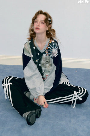 Spliced Cat Print Polka Dot V-Neck Sweatshirt
