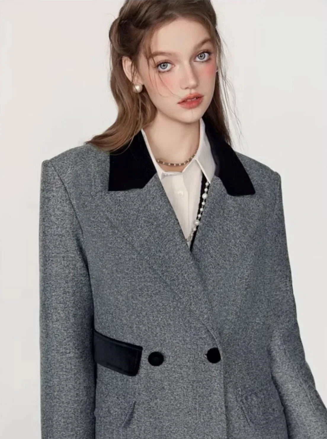 Spliced herringbone midi tweed coat