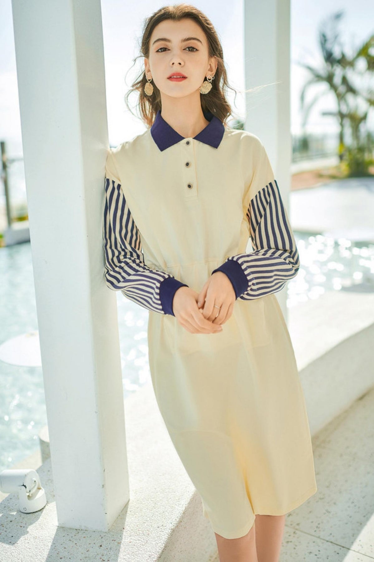 Splicing Polo Neck Long Sleeve Dress