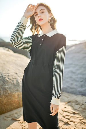 Splicing Polo Neck Long Sleeve Dress