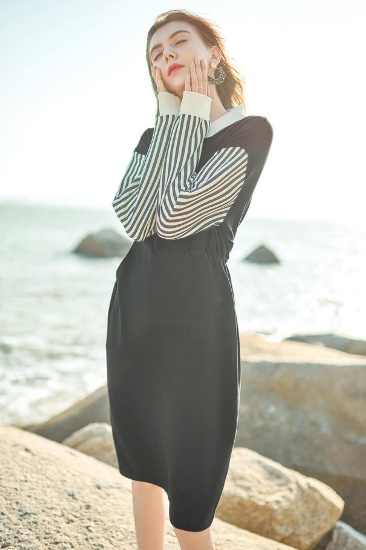 Splicing Polo Neck Long Sleeve Dress